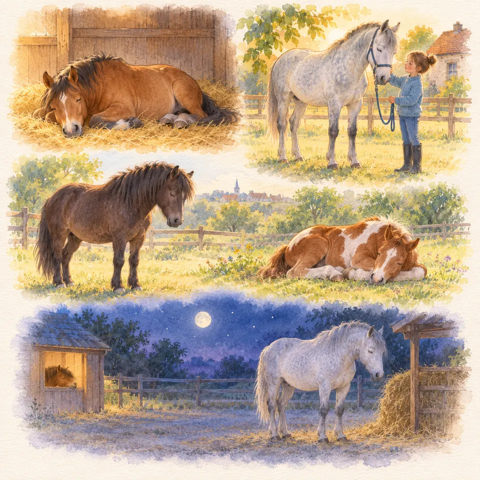 Des chevaux de différentes robes se reposent dans la paille ou l’herbe, une enfant tient un cheval gris en longe et un autre apparaît dans son box à la nuit tombée