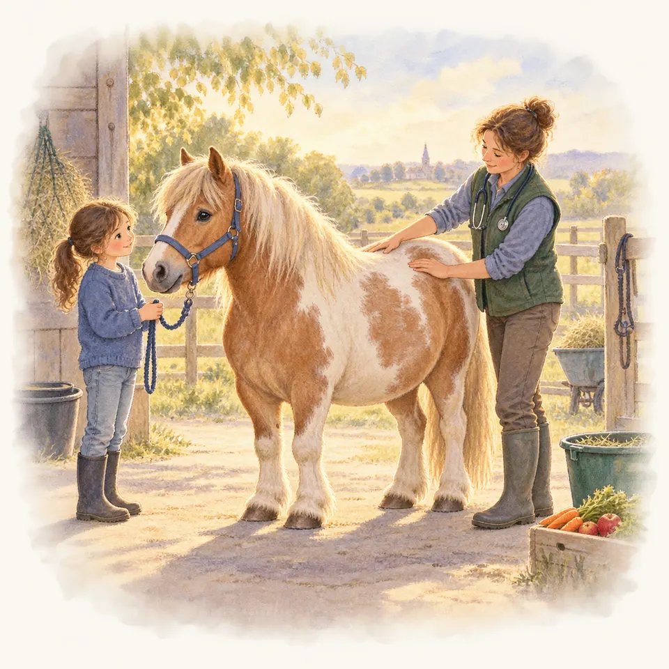 Une enfant brosse un poney pie alezan au pré, près d’une vétérinaire accroupie tenant une tablette et d’un filet à foin