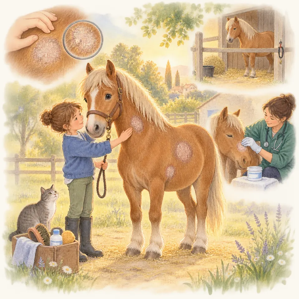 Une enfant tient un poney palomino portant des zones rondes sans poils, tandis qu’une vétérinaire gantée applique un soin
