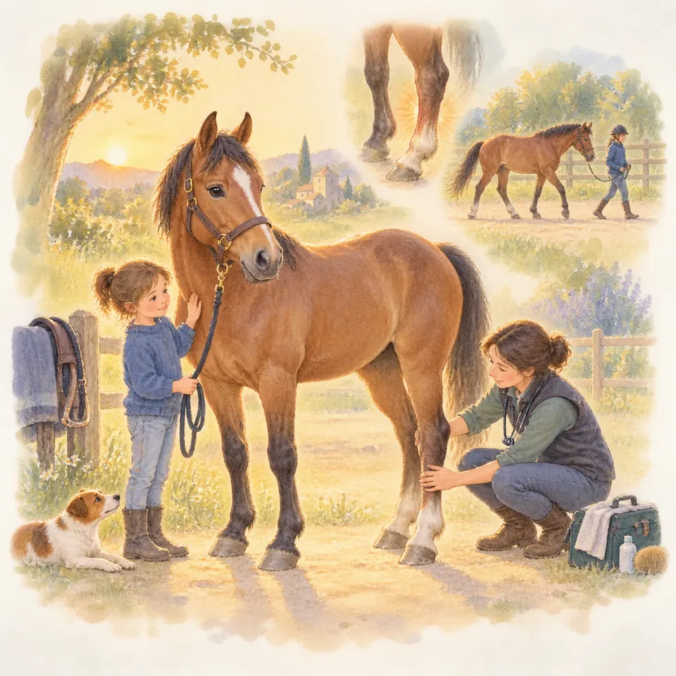 Une vétérinaire examine le postérieur d’un cheval bai tenu en longe par une enfant dans la cour de l’écurie