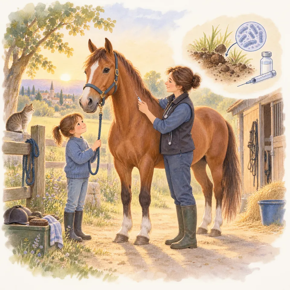 Une vétérinaire examine l’encolure d’un cheval alezan tandis qu’une enfant tient sa longe près d’une écurie
