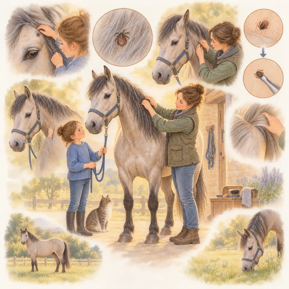 Une enfant inspecte la crinière d’un poney alezan aux crins lavés tandis qu’une vétérinaire examine son antérieur près de l’écurie