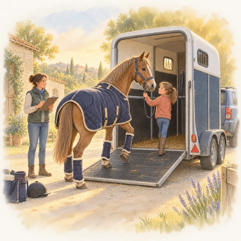Une enfant guide un cheval gris équipé de protections sur le pont d’un van tandis qu’une femme tient une fiche à côté