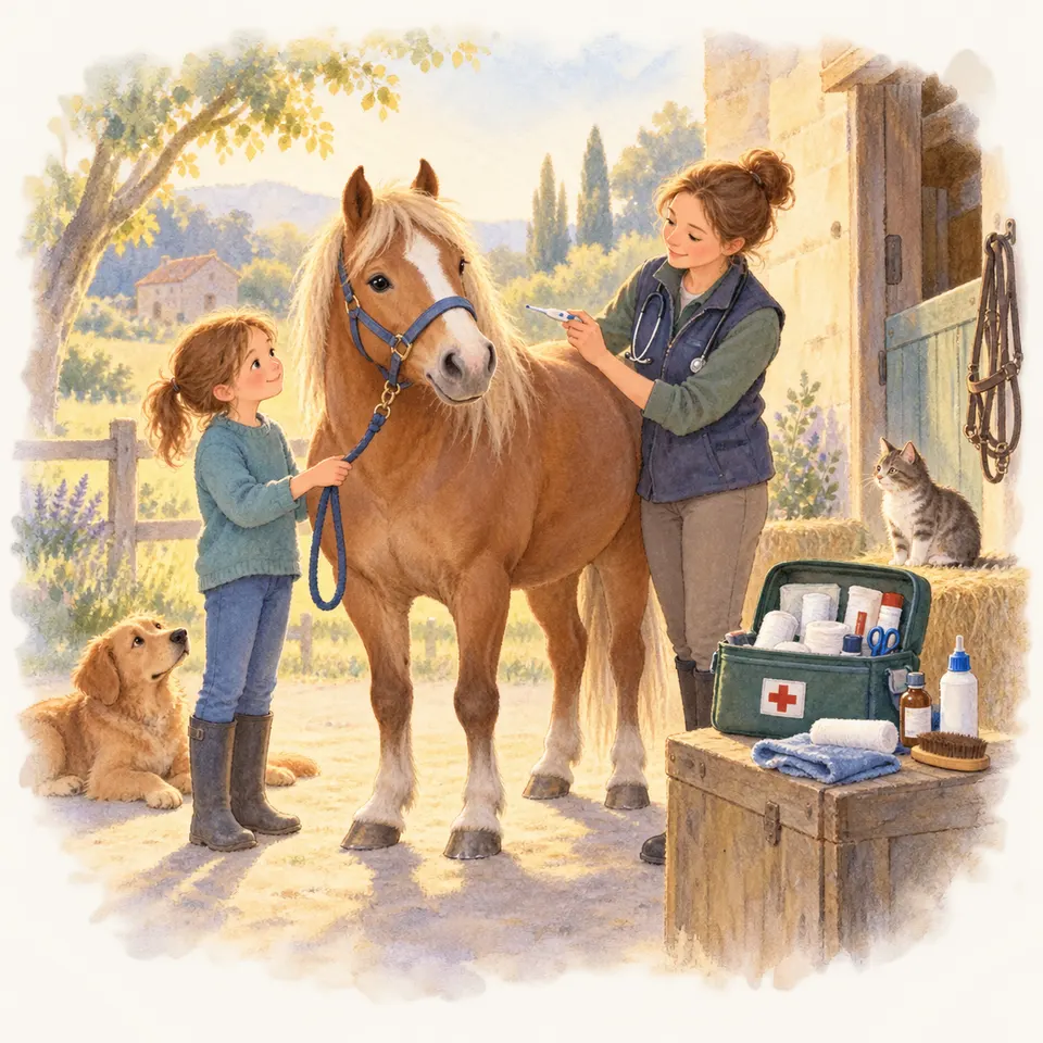 Une enfant tient la longe d’un poney alezan aux crins lavés tandis qu’une vétérinaire l’examine près d’une écurie, avec un chien, un chat et une trousse de soins