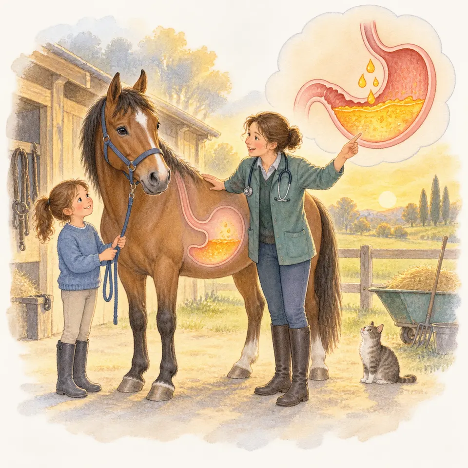Une vétérinaire examine un cheval alezan au licol bleu et montre son estomac, tandis qu’une enfant tient la longe dans la cour d’une écurie