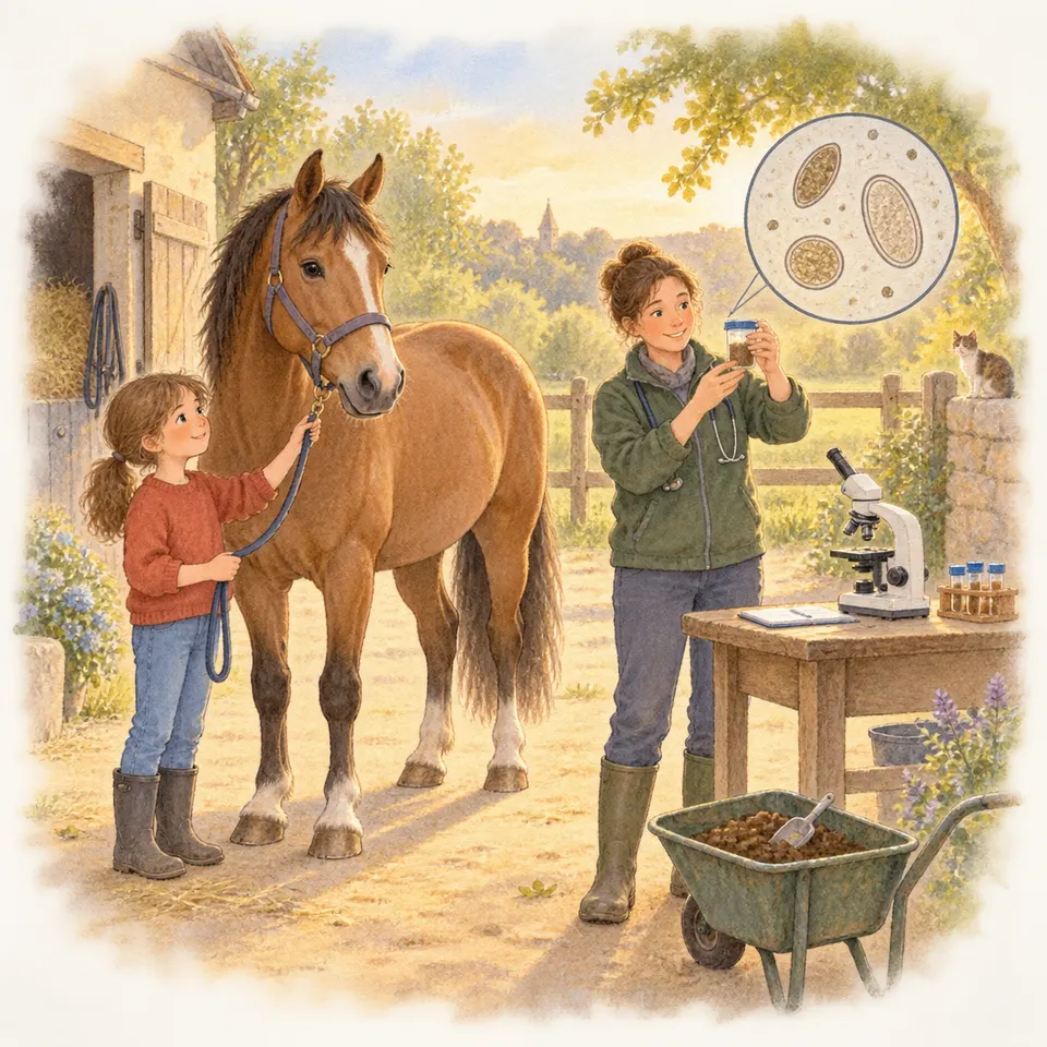 Une enfant tient la longe d’un cheval alezan près d’une écurie, tandis qu’une femme examine un prélèvement avec un microscope
