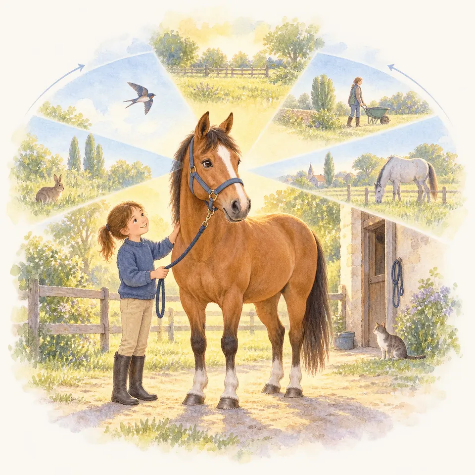 Un poney palomino se tient au centre de zones claires en éventail, entouré d’une enfant, d’un homme et d’animaux