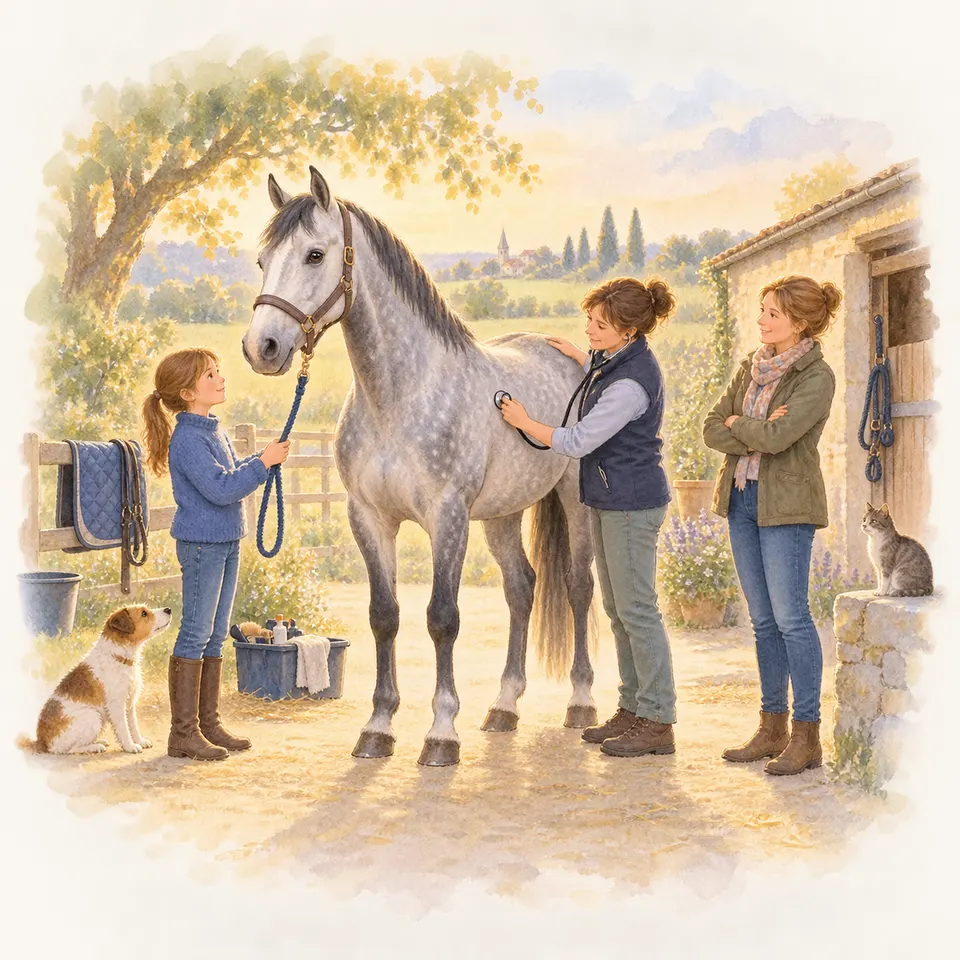 Un cheval gris est tenu à la longe par une fillette tandis qu’une femme utilise un stéthoscope dans une cour d’écurie, avec une autre femme, un chien et un chat