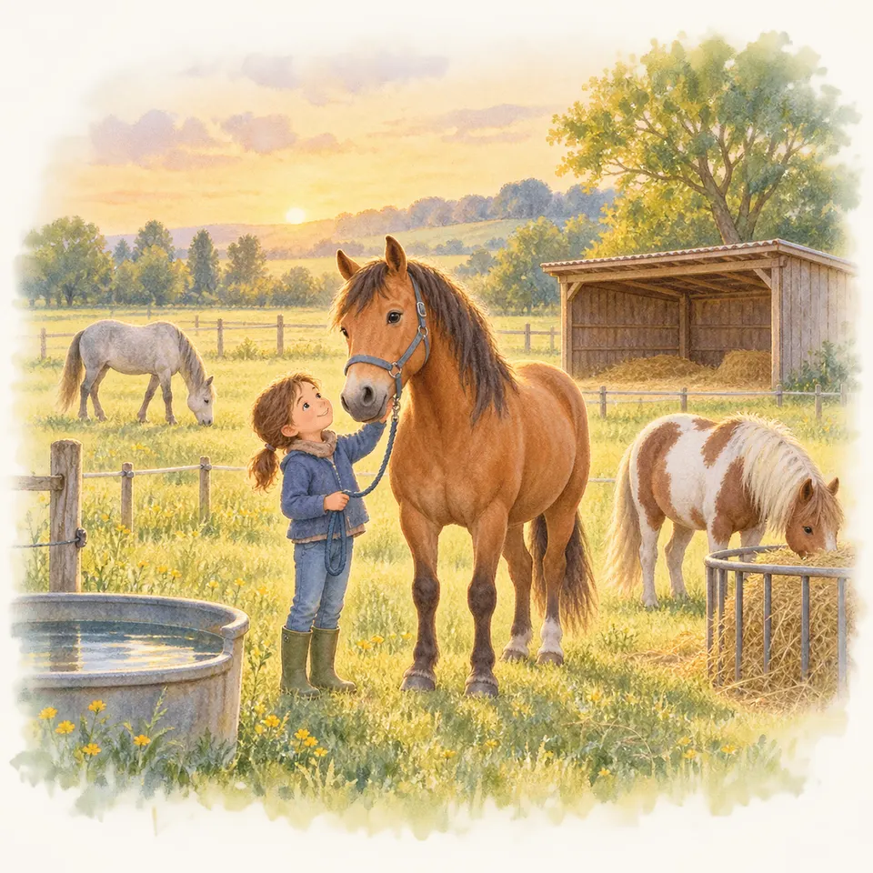 Une enfant tient la longe d’un cheval alezan au licol dans un paddock, avec un cheval gris et un poney pie près d’un abri