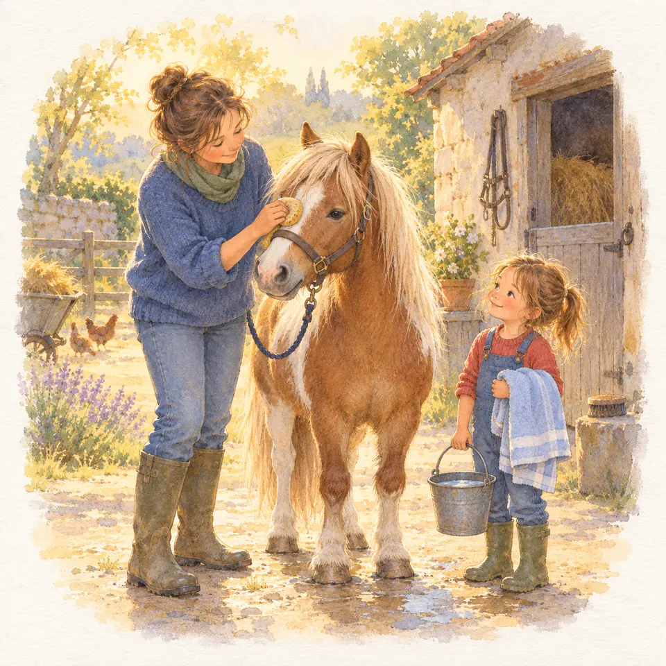 Une femme nettoie le contour de l’œil d’un poney palomino, près d’une enfant tenant un seau et une serviette devant l’écurie