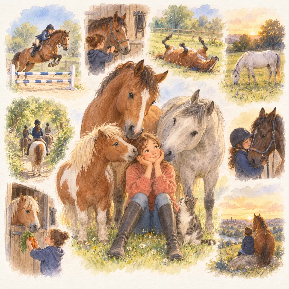 Une enfant assise dans l’herbe entre un poney pie alezan, un cheval bai et un gris est entourée de scènes équestres