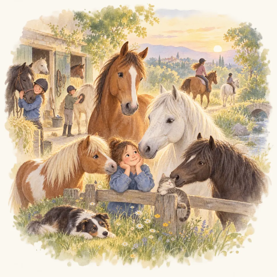 Une enfant accoudée à une clôture est entourée d’un poney pie alezan et de chevaux alezan, gris et noir près d’une écurie
