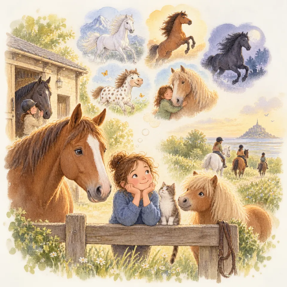Une enfant rêve près d’un cheval bai, d’un poney palomino et d’un chat, avec des chevaux cabrés dans ses bulles de pensée