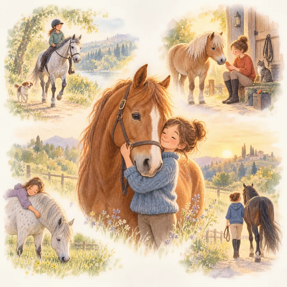 Une enfant enlace la tête d’un cheval alezan en licol, entourée de scènes de balade et de moments partagés avec des poneys