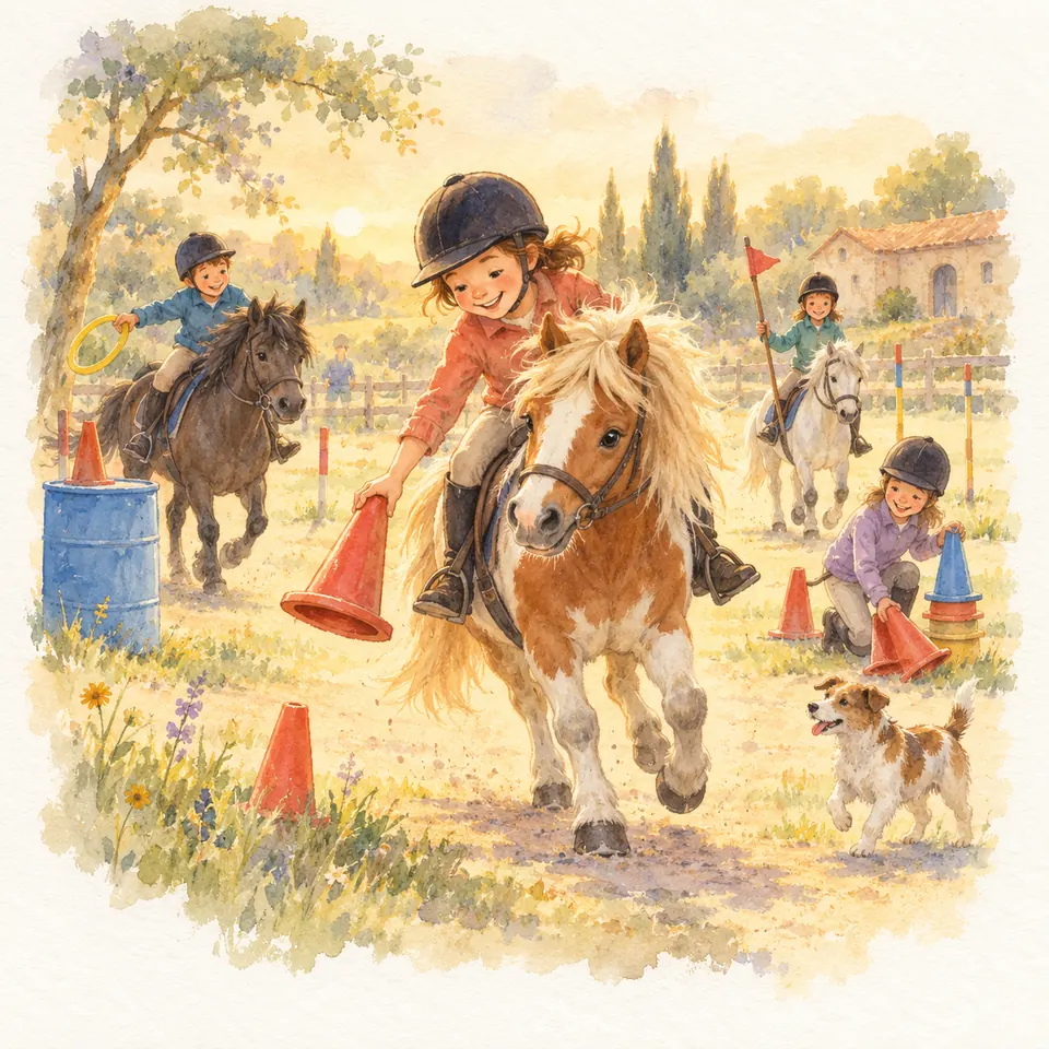 Une cavalière sur un poney pie alezan saisit un cône orange, tandis que d’autres enfants jouent à poney entre les plots