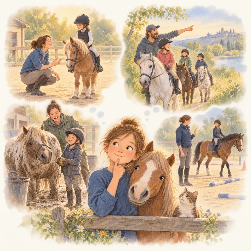Une jeune fille pose près d’un poney alezan, entourée de moniteurs guidant des enfants en selle et à pied