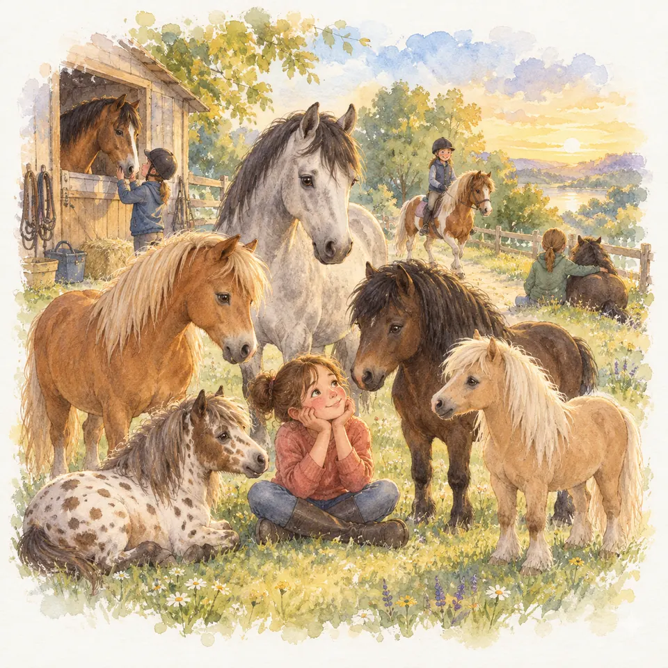 Une enfant assise dans l’herbe est entourée de poneys gris, bai, palomino et tacheté, près d’un pré clôturé