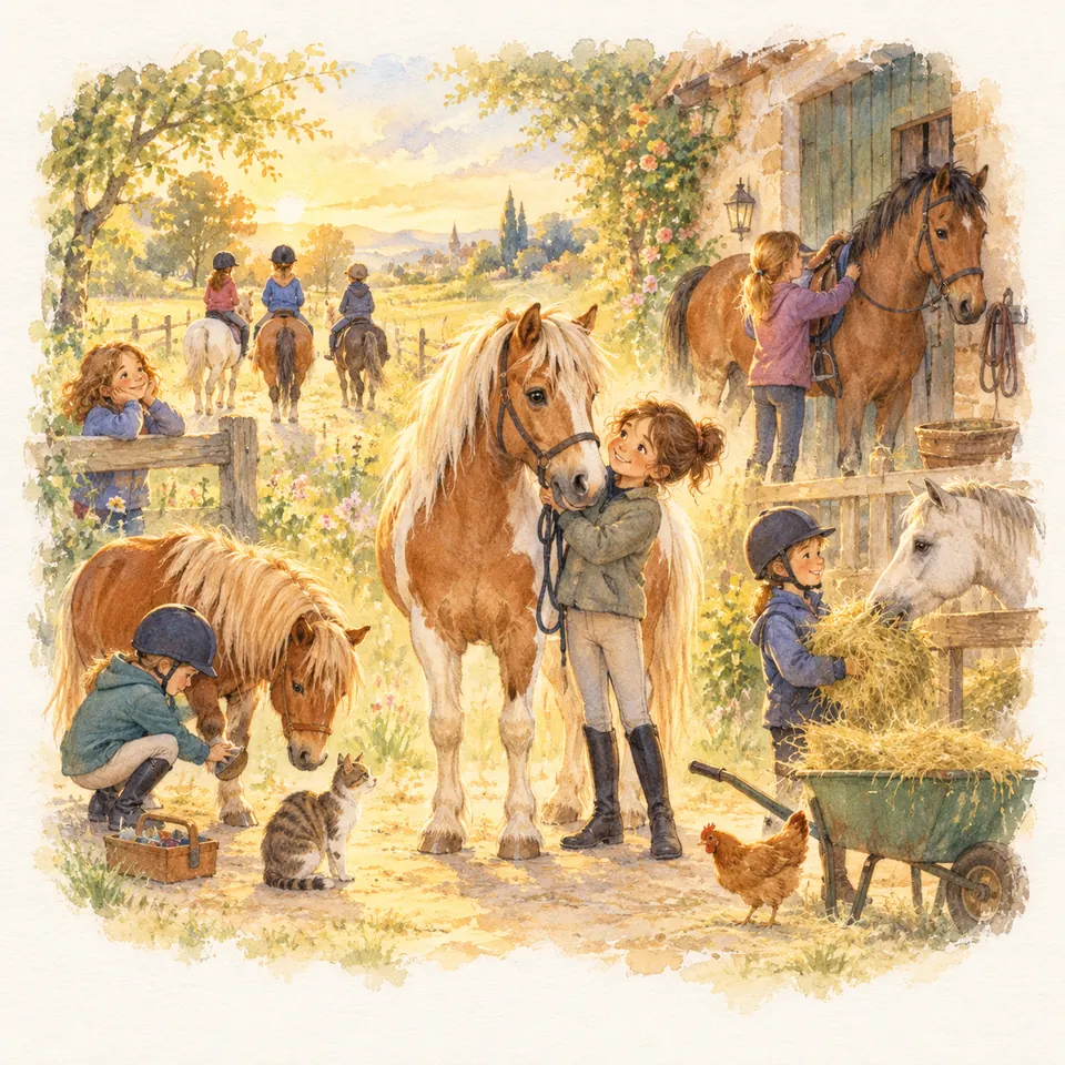 Des enfants ajustent le licol d’un poney palomino, curent un sabot et distribuent du foin dans la cour du poney-club
