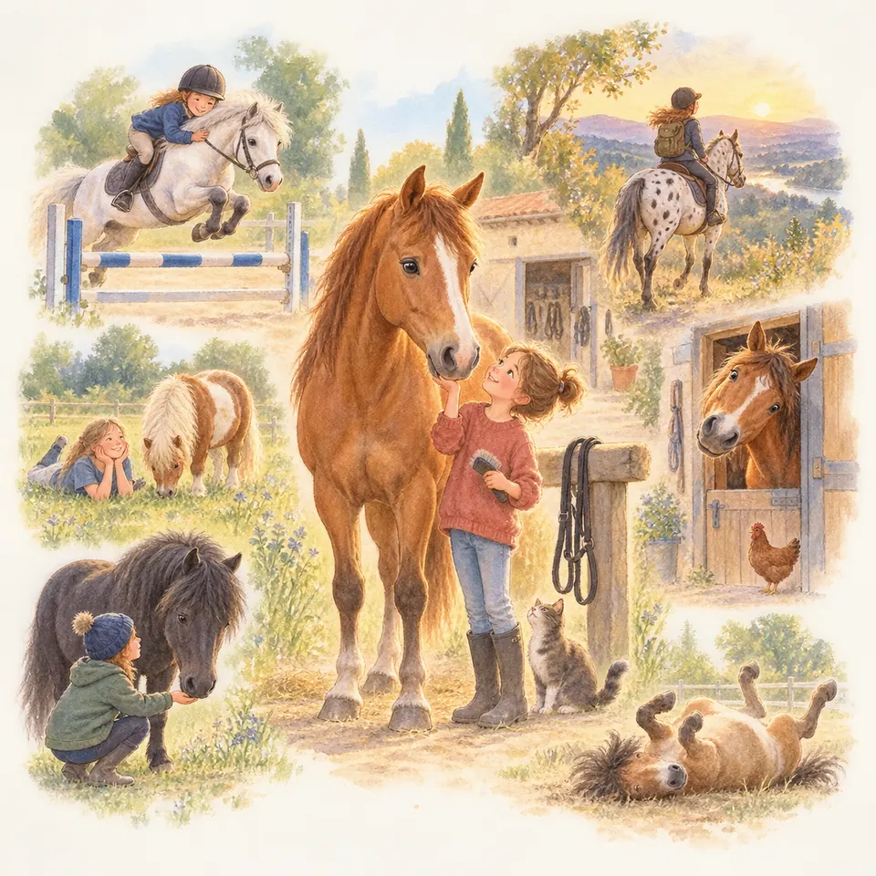 Une jeune fille caresse un cheval alezan devant une écurie, parmi des poneys au pré et des cavaliers en saut et en promenade