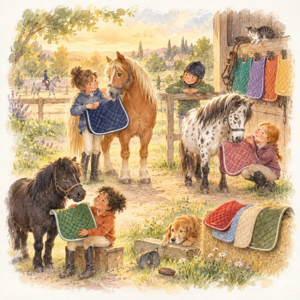 Des enfants présentent des tapis de selle bleu, rose et vert à des poneys alezan, tacheté et noir dans une cour d’écurie