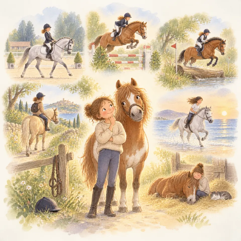 Une enfant se tient près d’un poney alezan, entourée de scènes de dressage, de saut d’obstacles et de cross