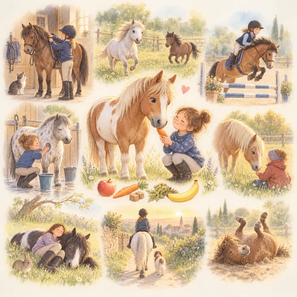 Une enfant tend une carotte à un poney pie alezan, près d’une pomme, d’une banane et de morceaux de friandises