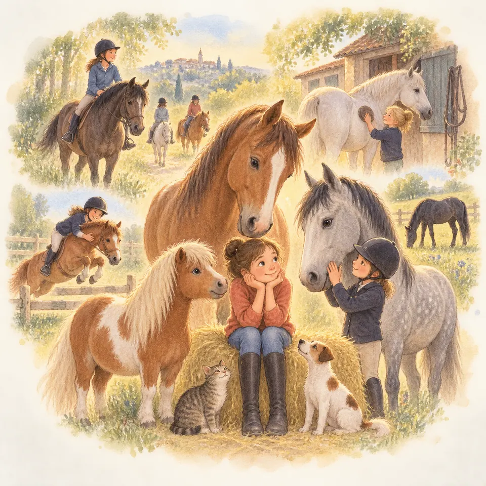 Une enfant assise entre un poney pie alezan et un cheval alezan regarde un autre enfant caresser un cheval gris