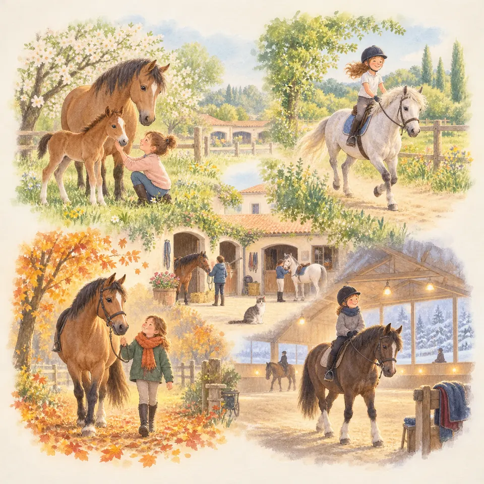 Des enfants côtoient chevaux et poulain parmi les fleurs, montent au soleil, marchent dans les feuilles et évoluent au manège
