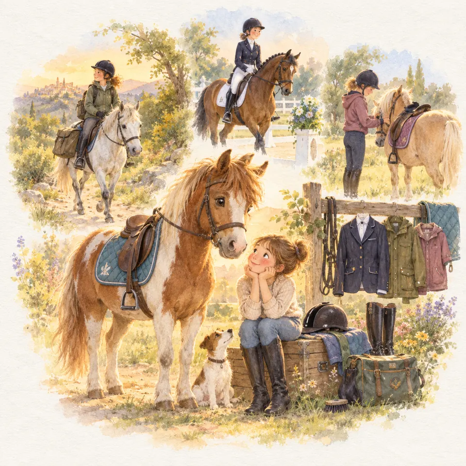Une cavalière en bottes s’assied près d’un poney pie alezan sellé, avec des vestes et une bombe à côté